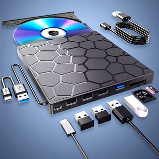 محرك أقراص خارجي للكمبيوتر المحمول، مشغل DVD للابتوب، محرك قرص خارجي نحيف جدًا 8 في 1 USB 3.0، مطبوعة أقراص DVD/CD متوافق مع الكمبيوتر المحمول والمكتبي وMac، Windows 11/10/8/7 Linux، مشغل ومطبعة أقراص CD/VCD/DVD
