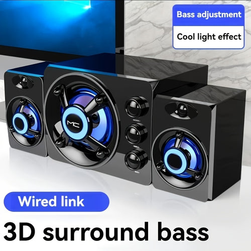 مكبر صوت سلكي جديد D-208 مع مزود طاقة USB، نظام مكبرات الصوت للكمبيوتر، مزود بصوب ووفر، تصميم ستيريو 2.1، ثلاثة سماعات، صوب ووفر محسن، تحكم بأزرار، مناسب لأجهزة الكمبيوتر المكتبية واللابتوب ومشغلات الموسيقى، مع إضاءة تدرج قوس قزح