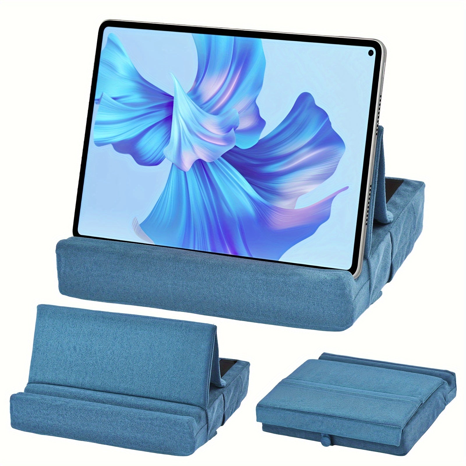 حامل وسادة قابل للطي باللون الوردي الفاتح مع حامل قلم ستايلس - عرض متعدد الزوايا لـiPad Pro 12.9، 10.5، 11، Air، Mini، الهواتف، الكتب وأجهزة القراءة الإلكترونية - قماش بوليستر ناعم لقراءة مريحة واستخدام المكتب، حامل جهاز لوحي