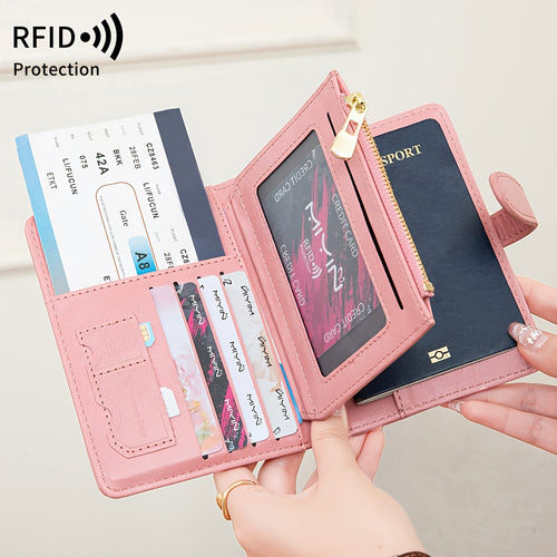 حافظة جواز سفر FOREVER MIYIN مع حماية RFID - منظم سفر أنيق باللون الوردي بفتحات متعددة للبطاقات وجيب نقود وإغلاق بسحاب | حافظة جواز سفر مدمجة وآمنة | إكسسوار لحماية البطاقات