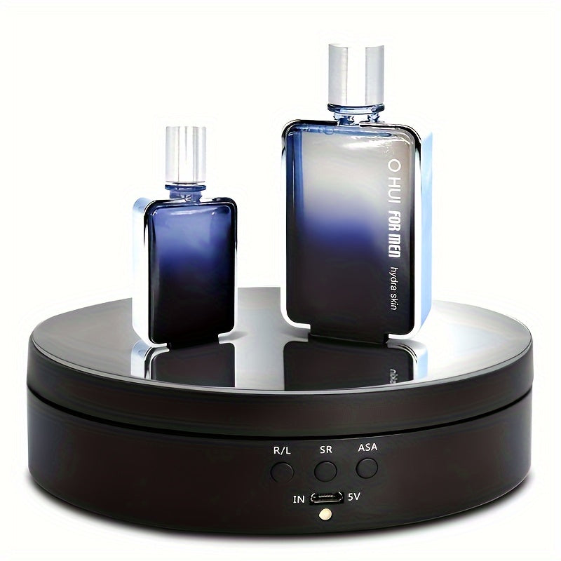 حامل عرض دوار محرّك 360° مع USB - طاولة دوارة أكريليك سوداء للتصوير الفوتوغرافي وديكور المنزل، يشمل مرآة PVC