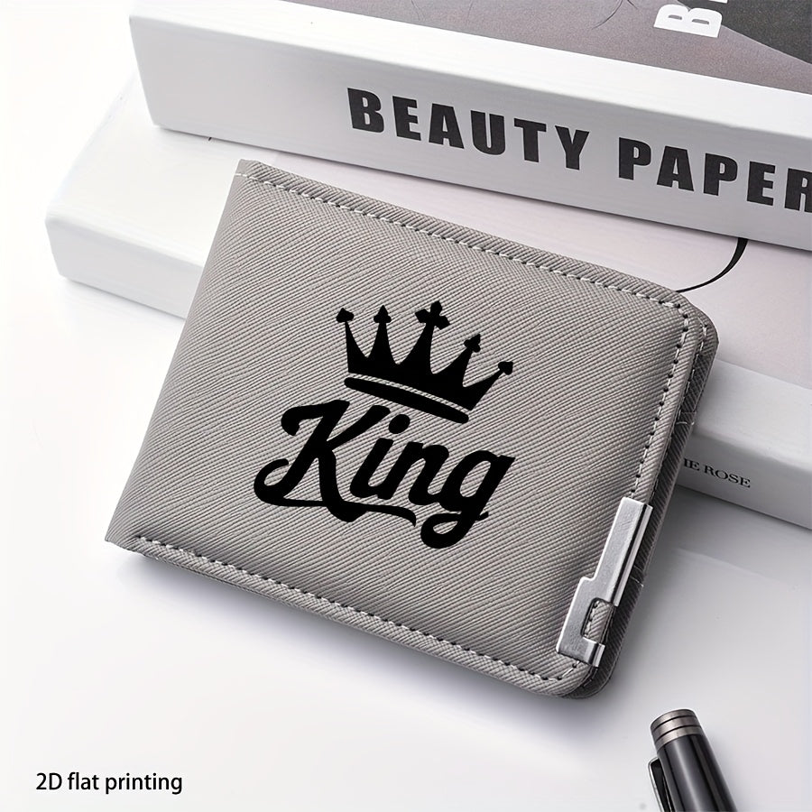 محفظة قصيرة مطبوعة "KING" للرجال - خفيفة الوزن، تصميم مزدوج مع فتحات بطاقات متعددة، ألوان أسود وأسود، هدية مثالية لعيد الأب للاستخدام اليومي، محفظة يومية | حامل بطاقات أنيق | محفظة جلدية صناعية، محفظة مدمجة