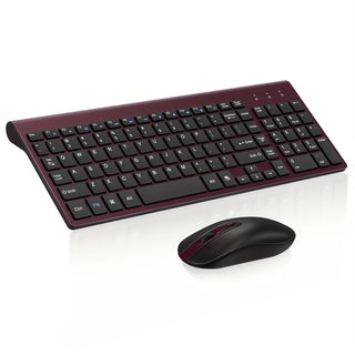 كومبو لوحة مفاتيح وفأرة لاسلكية من سيميتيك EasyTyping KF10، [مفاتيح مفتاح القص الهادئة][مفاتيح توفير الجهد] لوحة مفاتيح كمبيوتر فائقة النحافة وفأرة لاسلكية، إعداد سهل للكمبيوتر المحمول/الويندوز - أحمر نبيذي
