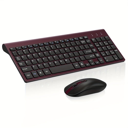 كومبو لوحة مفاتيح وفأرة لاسلكية من سيميتيك EasyTyping KF10، [مفاتيح مفتاح القص الهادئة][مفاتيح توفير الجهد] لوحة مفاتيح كمبيوتر فائقة النحافة وفأرة لاسلكية، إعداد سهل للكمبيوتر المحمول/الويندوز - أحمر نبيذي