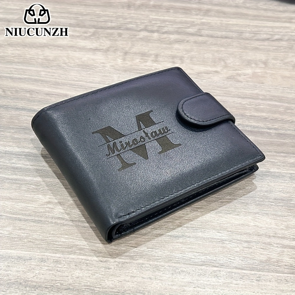 محفظة NIUCUNZH بحماية ضد السرقة RFID - جلد حقيقي محفور بالليزر حسب الطلب، بتصميم ثنائي الجانب من جلد البقر الفاخر مع عدة أقسام، هدية شخصية للرجال (عيد الحب، عيد الأب، الكريسماس)