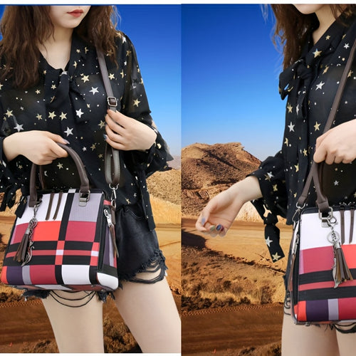 طقم حقائب كورية الأسلوب بأربعة قطع بتصميم ملون ومحفور على الكتف الواحد