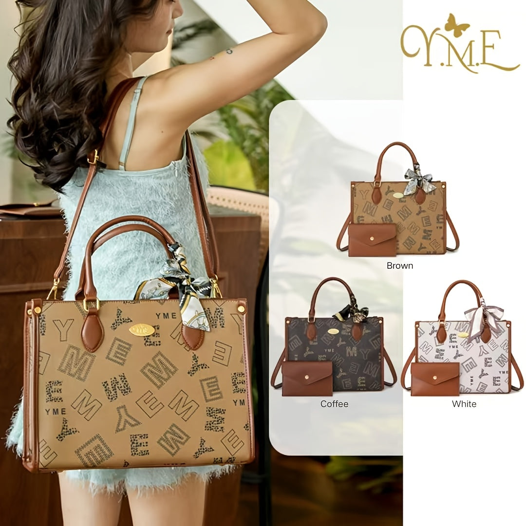 YME 2pcs Handbag Set for Women, Casual Urban Style, Removable Strap, Zipper Closure, Fabric Lining, Includes Wallet, Versatile Shoulder & Tote Bag, Ideal Mother'S Day Gift with Scarf - Black, White, Light Brown