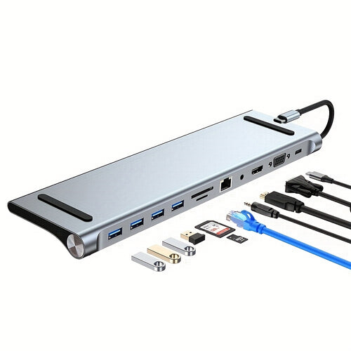 محطة إرساء لابتوب INDIDOLIZE 11-في-1 تعمل بالطاقة USB - تصميم خفيف ومضغوط مع منافذ HDTV/USB-A/SD/CF/USB-C، إيثرنت جيجابيت وإدارة كابلات 9-في-1 للكمبيوتر المحمول