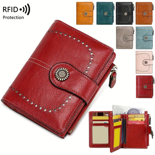 محفظة نسائية مضادة للسرقة بتقنية RFID مع فتحات متعددة للبطاقات ومشبك سحاب، تصميم كلاسيكي عصري متعدد الوظائف