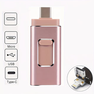 4 في 1 فلش درايف USB معدني، ذاكرة تخزين خارجية عالية السرعة لهاتف iPhone و iPad و Android و PC، USB 2.0، تشفير آمن، خيارات تخزين 64 جيجابايت/128 جيجابايت/256 جيجابايت، فلش درايف تخزين خلفية الصور