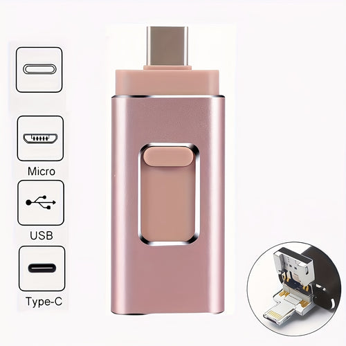4 في 1 فلش درايف USB معدني، ذاكرة تخزين خارجية عالية السرعة لهاتف iPhone و iPad و Android و PC، USB 2.0، تشفير آمن، خيارات تخزين 64 جيجابايت/128 جيجابايت/256 جيجابايت، فلش درايف تخزين خلفية الصور