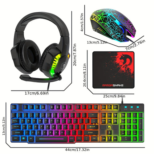 مجموعة الألعاب 4 في 1: لوحة مفاتيح سلكية بإضاءة RGB، سماعة ميكروفون، فأرة ألعاب وسجادة فأرة - تعمل عبر USB لأجهزة الكمبيوتر، اللابتوب، ماك، PS4، Xbox
