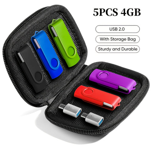 حزمة أقراص USB: 5 قطع بسعات 128MB/4GB/16GB من فلاش درايف USB 2.0 مع حقيبة تخزين و2 محولات USB-C، أقراص تخزين محمولة لنقل البيانات، متوافقة مع هواتف OTG Android، Mac، وأجهزة الكمبيوتر المحمولة