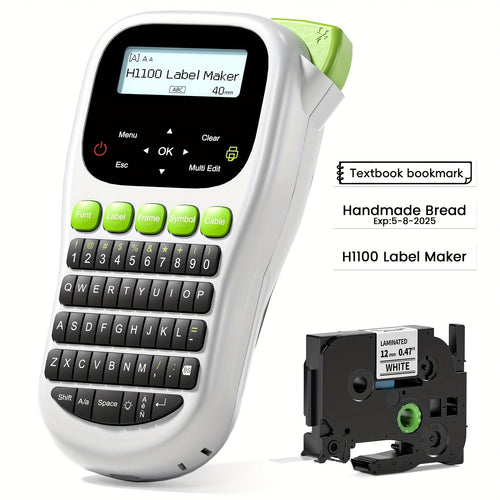 طابعة ملصقات يدوية VolenGo H1100 بشاشة LCD مضاءة، لوحة مفاتيح QWERTY محمولة، متعددة الخطوط والرموز والإطارات، طباعة حرارية سهلة الاستخدام لتنظيم المنزل والمكتب - لا تحتاج إلى حبر، ≤36 فولت