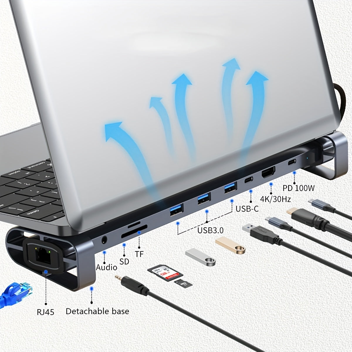 محول USB-C متعدد الوظائف 10 في 1 مع شحن سريع PD، منفذ 4K HDTV وVGA، 4 منافذ USB 3.0، إيثرنت RJ45، قارئ بطاقات SD/TF، جاك صوتي - محطة إرساء متعددة المنافذ مدمجة لـ MacBook Pro/Air وأجهزة اللابتوب والكمبيوتر بنظام ويندوز