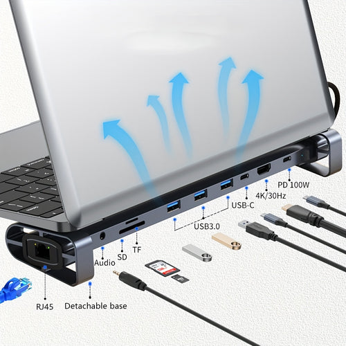 محول USB-C متعدد الوظائف 10 في 1 مع شحن سريع PD، منفذ 4K HDTV وVGA، 4 منافذ USB 3.0، إيثرنت RJ45، قارئ بطاقات SD/TF، جاك صوتي - محطة إرساء متعددة المنافذ مدمجة لـ MacBook Pro/Air وأجهزة اللابتوب والكمبيوتر بنظام ويندوز
