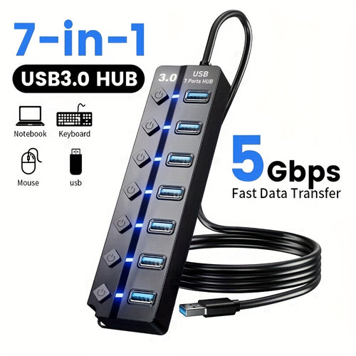 محول USB 3.0 بـ7 منافذ، كابل تمديد بطول 3 أقدام مع مفتاح تشغيل/إيقاف مستقل ومحول إضاءة، متوافق مع MacBook وSurface Pro وPS4 ومحرك أقراص فلاش وخادم لابتوب خارجي