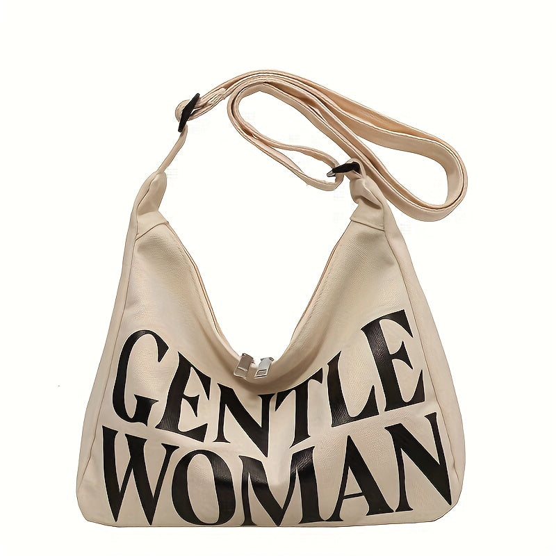 حقيبة كتف نسائية أنيقة بطباعة "GENTLE WOMAN" الجريئة - إغلاق بسحاب، حزام قابل للتعديل - متعددة الاستخدامات للعمل والكاجوال - أسود وأبيض، حقيبة يد عصرية بإغلاق آمن
