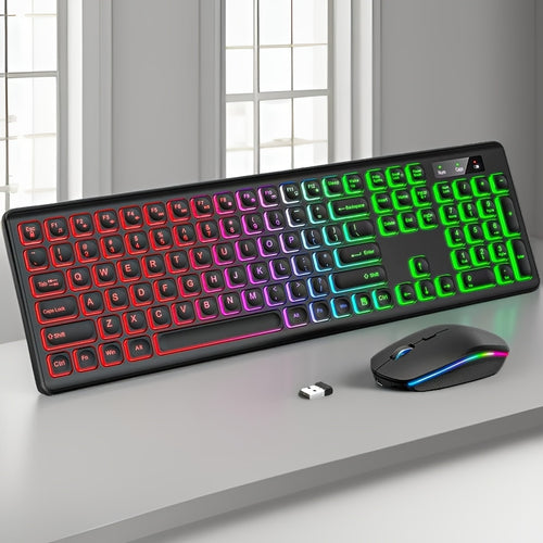 لوحة مفاتيح لاسلكية و ماوس مع إضاءة خلفية ملونة RGB، قابلة للشحن، حروف مضيئة، مريحة، صامتة، 2.4 جيجاهرتز، متوافقة مع ماك و ويندوز