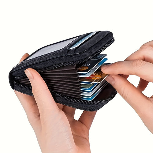 محفظة صغيرة بتصميم نمط قديم من الجلد الصناعي مع تقنية حجب RFID للرجال والنساء - حامل بطاقات بسحاب مدمج بـ 9 فتحات للبطاقات، نافذة للهوية، وجيب لرخصة القيادة