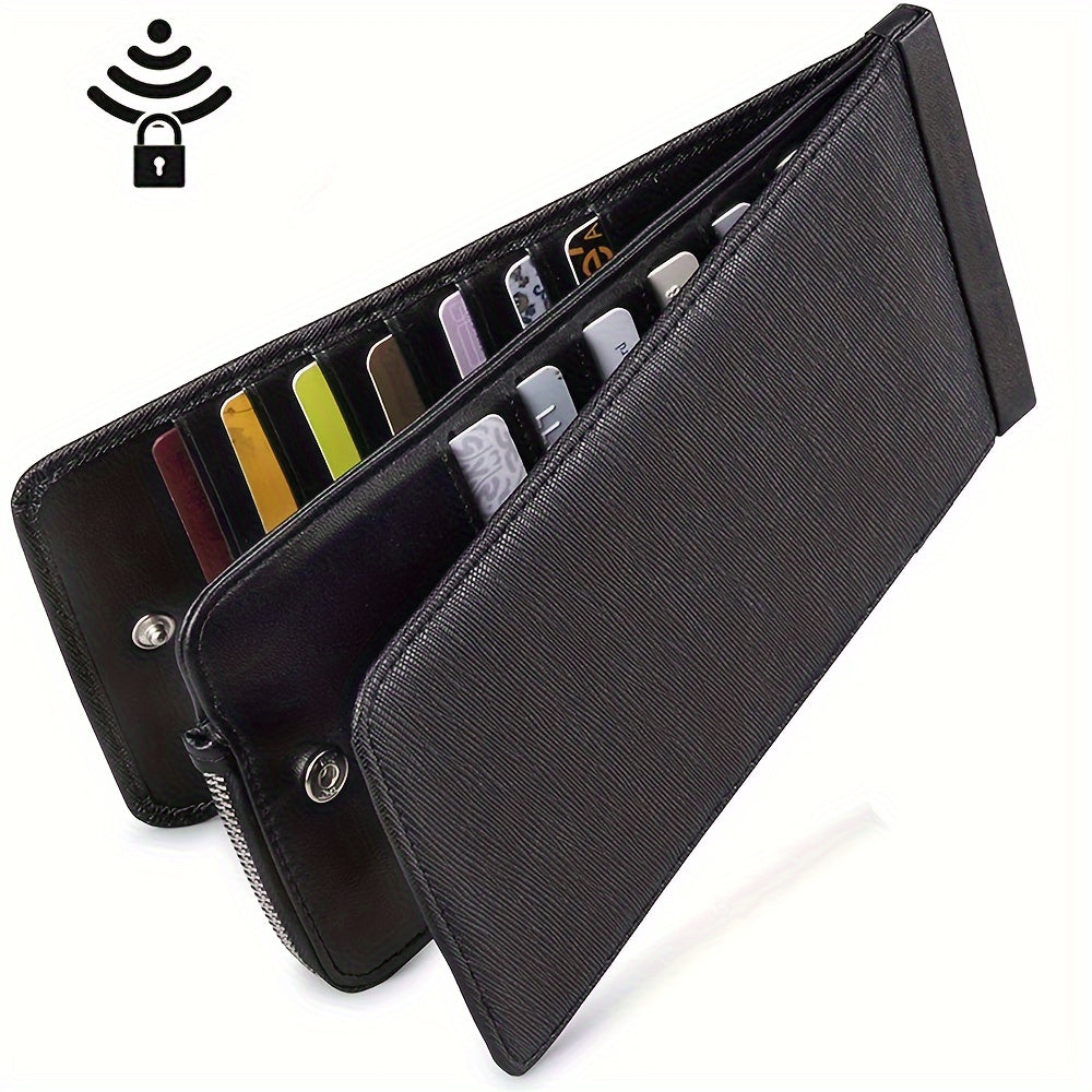 محفظة ثنائية الطي مع حماية RFID وجيب للعملات بسحاب وفتحات متعددة للبطاقات، تصميم أنيق وبسيط، جلد صناعي، نافذة هوية قابلة للفصل، إغلاق بالضغط - أسود، محفظة يومية | محفظة بسحاب أنيقة | تفاصيل مخيطة، محفظة حامل البطاقات