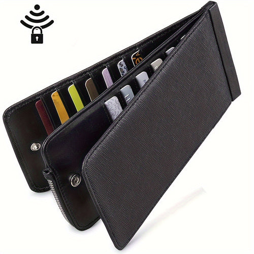 محفظة ثنائية الطي مع حماية RFID وجيب للعملات بسحاب وفتحات متعددة للبطاقات، تصميم أنيق وبسيط، جلد صناعي، نافذة هوية قابلة للفصل، إغلاق بالضغط - أسود، محفظة يومية | محفظة بسحاب أنيقة | تفاصيل مخيطة، محفظة حامل البطاقات
