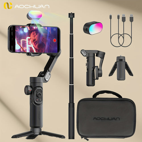 مثبت جيبل محمول من AOCHUAN بثلاثة محاور، تحكم بالتتبع الوجه الذكي ودوامة 360° ومكافحة الهزات، عمود تلسكوبي بطول 73 سم وإضاءة مغناطيسية RGB وقاعدة قابلة للفصل لتصوير الكاميرا/السفر/التسجيل الفيديو/الإبداع الخارجي وبرنامج هدايا