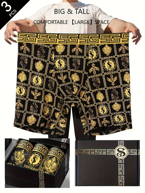 3 قطع صندوق هدايا أسود ذهبي - مقاس كبير 1XL-5XL، ملابس داخلية حرارية ناعمة وخفيفة بلون بيج صديقة للتنفس بنقشة سلسلة حروف السيف المطبوعة للأزياء، PLUS SIZE