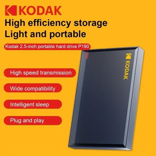 قرص صلب ميكانيكي محمول من كوداك P190 - خيارات 500 جيجابايت / 1 تيرابايت، يو اس بي 3.0، تخزين خارجي عالي السرعة للابتوبات، متوافق مع ماك وبي سي، نظام ملفات NTFS، وضع النوم الذكي، التوصيل والتشغيل، مثالي للصور ومقاطع الفيديو والمستندات