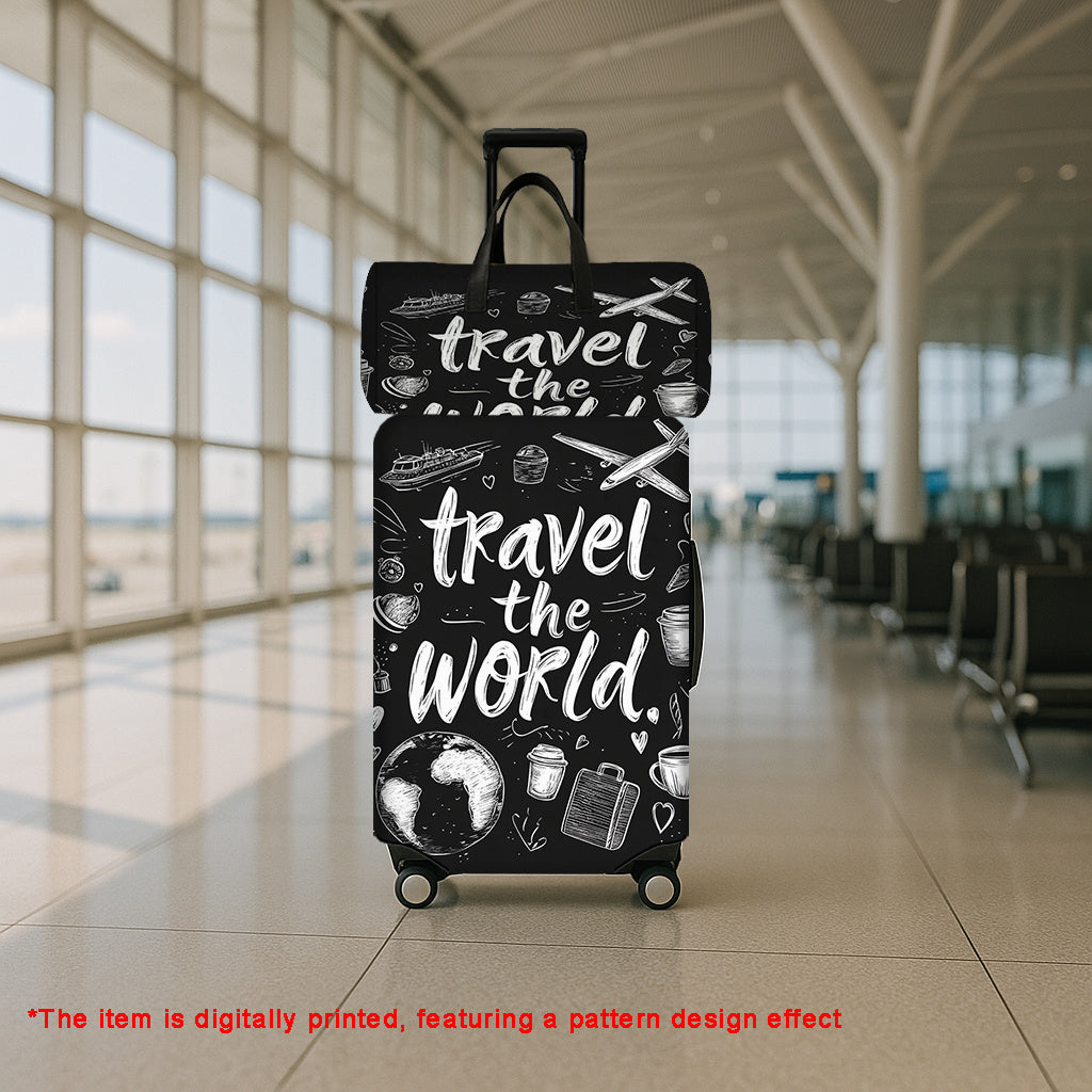 مجموعة حقائب JIT2pcs مع طباعة نمط عنصر السفر "Travel The World" (1 حقيبة سفر + 1 غطاء حماية للأمتعة)، حقائب يد وأغطية حماية للأمتعة مع عربات، أمتعة رجالية ونسائية وحقائب يد، ملحقات السفر، ضروريات الإجازة في الهواء الطلق، مناسبة للرجال والنساء والسفر والاس