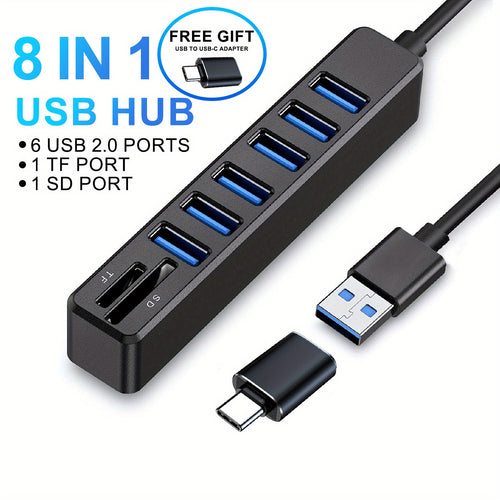 محول USB 8 في 1 مع 6 منافذ USB 2.0، 1 قارئ بطاقة TF، 1 فتحة بطاقة SD - محول خارجي متعدد الوظائف لـ MacBook Pro/Air، لابتوبات USB C، iMac، PS4، Xbox، Surface Pro، XPS، PC - يعمل بمنفذ USB 5V، متوافق مع أجهزة الفلاش