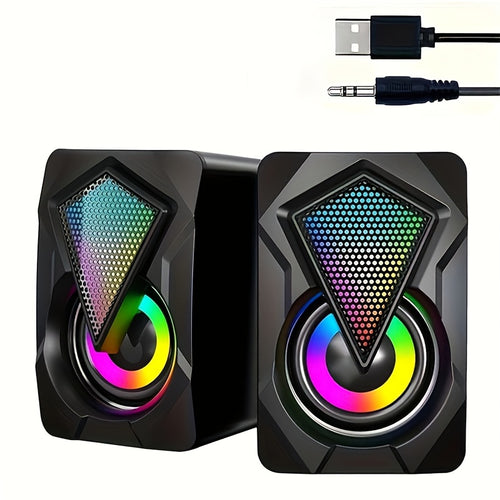 مكبرات صوت مكتبي سلكية USB 2.0 مع أضواء LED، مدخل AUX-3.5 مم، تحكم في الصوت - مكبر صوت للألعاب المدمج للكمبيوتر الشخصي، اللابتوب، الجهاز اللوحي، الهاتف الخلوي وMP3 - تصميم أسود بإضاءة ملونة، إعداد مكبر صوت للألعاب | مكبرات صوت عصرية | بناء متين