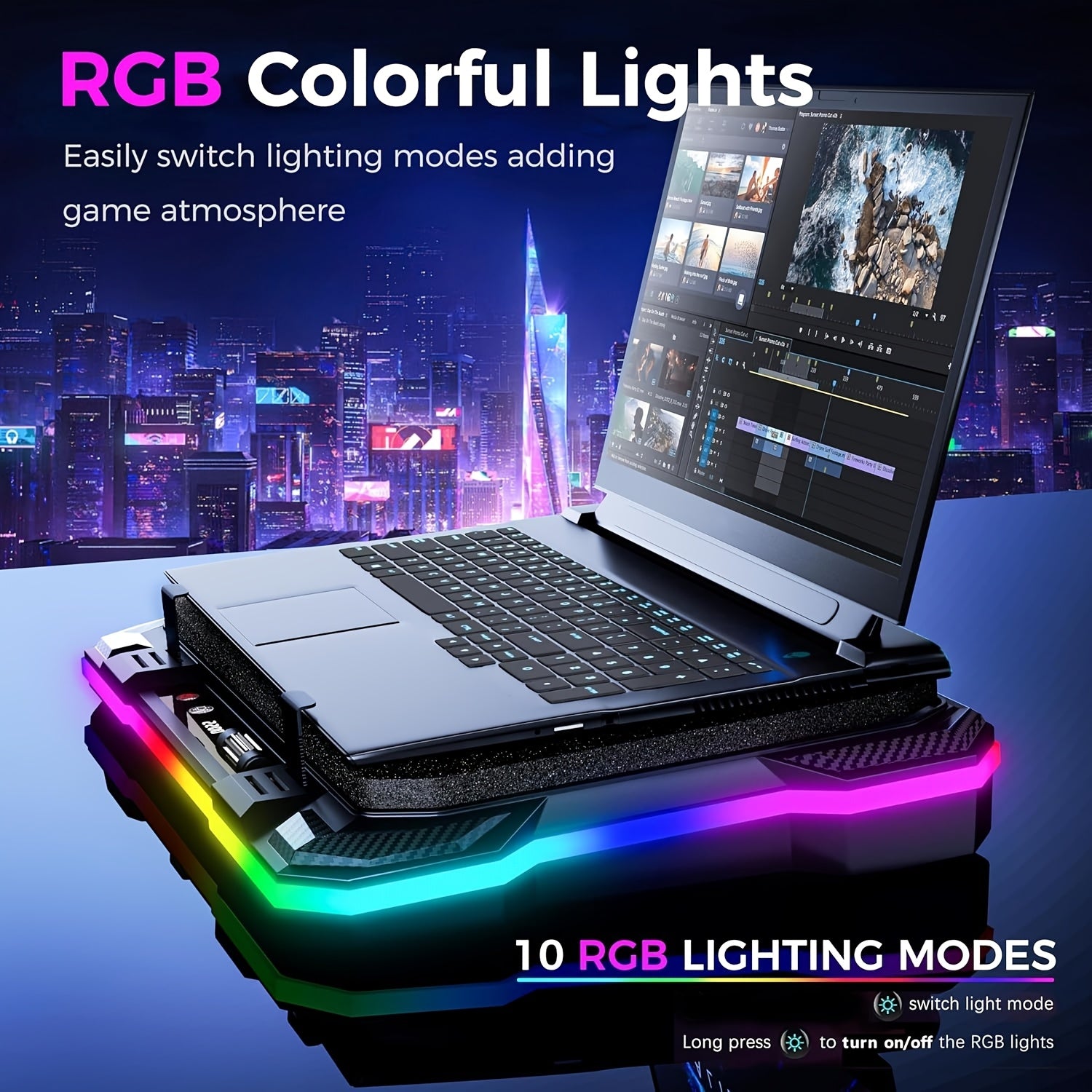 وسادة تبريد لأجهزة الكمبيوتر المحمولة مع مروحة خارجية RGB بحجم 13.97 سم، تعمل بالطاقة عبر USB، 8 قواعد قابلة للتعديل، 2 منفذ USB، حامل للهاتف، متوافقة مع أجهزة الكمبيوتر المحمولة بحجم 39.62-49.02 سم، جهد التشغيل ≤36V