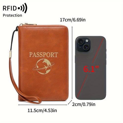 حامل جواز السفر MIYIN RFID مع فتحات بطاقات ونافذة هوية، محفظة سفر متعددة الوظائف بسعة كبيرة للرجال والنساء، مزودة بحزام معصم.