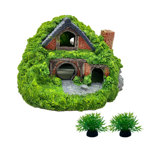 ديكور حوض السمك، منزل صغير من الراتنج، كهف، مخبأ للزواحق والأسماك، تصميم صغير لحوض السمك، موضوع إبداعي لحوض السمك، زراعة حوض السمك