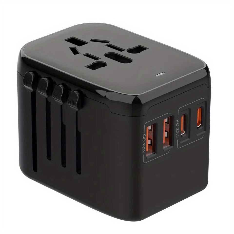 1 قطعة محول سفر مدمج HKLAMIN مع قابس طاقة دولي 5-في-1 - يتميز بـ 3.5 أمبير، منافذ USB-A مزدوجة وType-C، شحن سريع PD 20W وQC 18W، مخرج AC - تصميم أسود أنيق لأوروبا، الولايات المتحدة الأمريكية، المملكة المتحدة، أستراليا، آسيا (Type C/G/A/I)، محول طاقة دولي|
