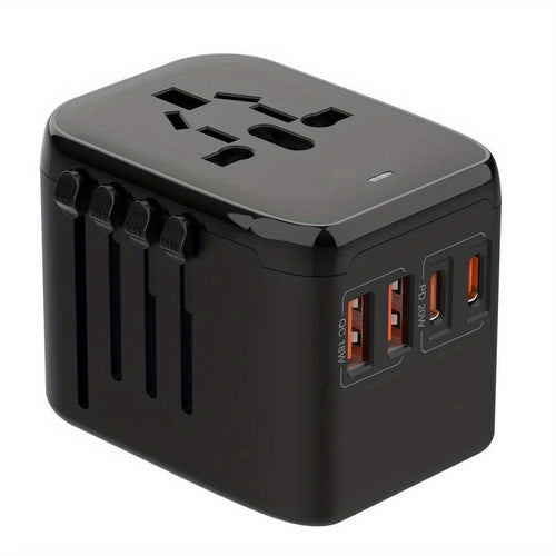 1 قطعة محول سفر مدمج HKLAMIN مع قابس طاقة دولي 5-في-1 - يتميز بـ 3.5 أمبير، منافذ USB-A مزدوجة وType-C، شحن سريع PD 20W وQC 18W، مخرج AC - تصميم أسود أنيق لأوروبا، الولايات المتحدة الأمريكية، المملكة المتحدة، أستراليا، آسيا (Type C/G/A/I)، محول طاقة دولي|