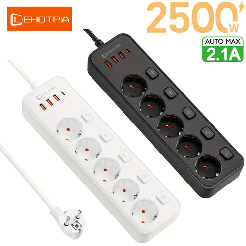 LEHOTPIA مقبس طاقة أوروبي مع كابل تمديد بطول 1.8 متر، خمس مقابس أوروبية، 3 منافذ USB و1 منفذ نوع C، مفتاح تحكم منفصل، حماية صمام الأمان، مناسب للمكاتب، غرف النوم، المطابخ، غرف المعيشة وغيرها من السيناريوهات، LEHOTPIA