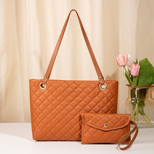 2pcs Women'S Tote Bag Set - Elegant Quilted Faux Leather Handbags with Golden-Tone Hardware, Beige & Burgundy Color Options, Versatile Fashion Bags for Everyday Use, Everyday Tote Bag Set|Quilted Tote Design|Sleek Tote Closures, Purse Accessories