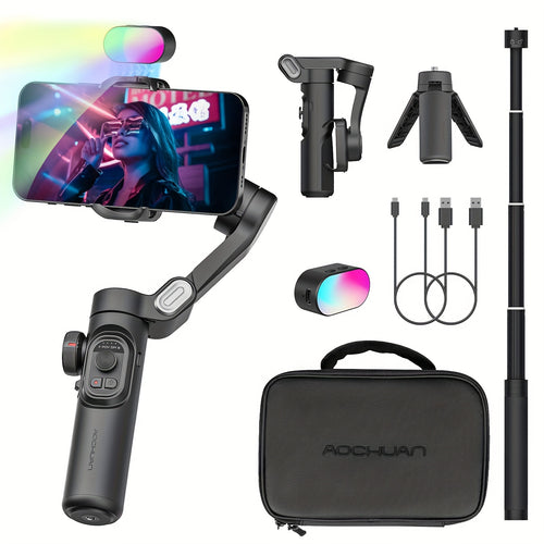 AOCHUAN Smart XE Combo1: مجموعة جيمبل الهاتف ثلاثي المحاور ومثبت الفيديو مع ضوء ملء RGB، قضيب تمديد 73 سم، حامل ثلاثي صغير، كابل USB-C وحقيبة حمل - مثالية لـ TikTok، YouTube وهواتف Android