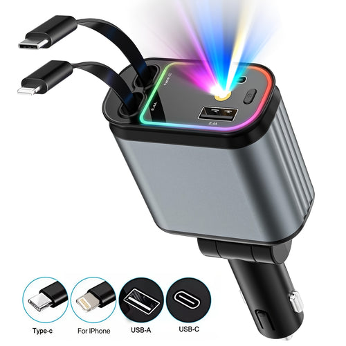 شاحن سيارة قابل للسحب من SAN.COMO مع محول 4 في 1، كابل تلسكوبي بطول 31.5 بوصة وموصلات USB 2، شاحن USB C سريع بقوة 66 واط، اتجاه قابل للتعديل بزاوية 180 درجة، تصميم بتصميم زنبركي مضاد للتشابك، متوافق مع عدة أنماط الهواتف، ضوء محيطي على السقف، عالمي لجميع ا